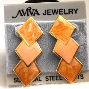 Aviva Modern Orange Swirl Enamel Inlay Gold Tone Post Dangle New Earrings
